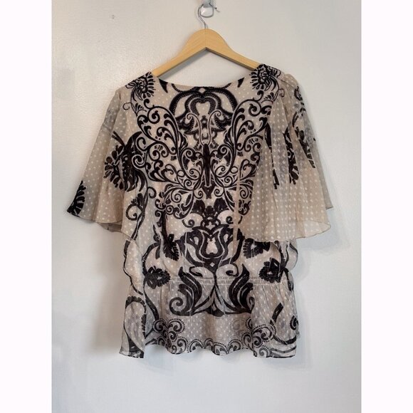 Cocomo Women’s Top Size Medium Beige Black Flowy Flared Whimsigoth Boho Artsy - Picture 8 of 8